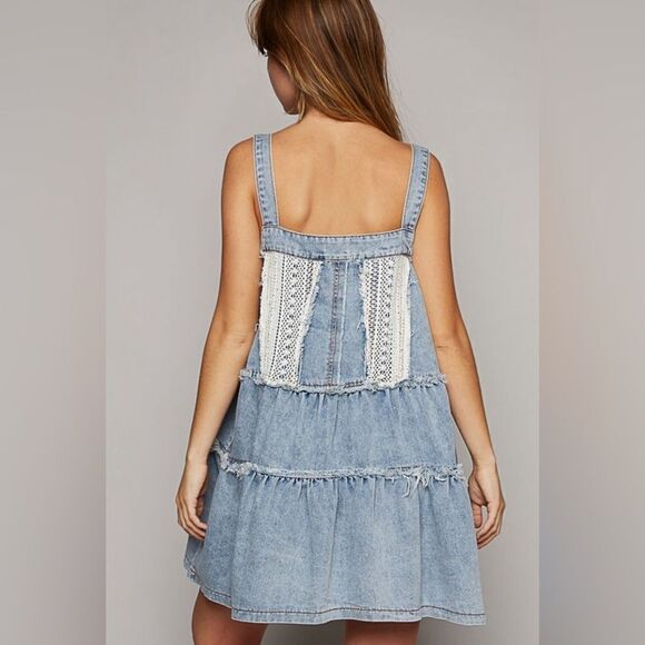 954. DENIM FRAYED EDGE BUTTON OVERALL DRESS - Picture 4 of 5